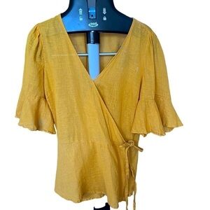 Old Navy Yellow Linen Blend Wrap Front 3/4 Flutter Ruffle Sleeve Wrap Top M Tall